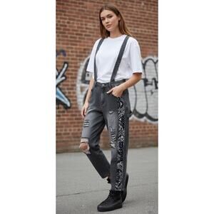 Easel Black Distressed Bandana Jeans Suspenders Overalls size Large